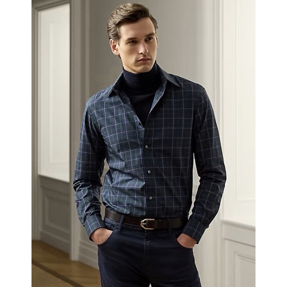 Ralph Lauren Purple Label Poplin Shirt in Blackwatch Navy Plaid Men Med NWT $495